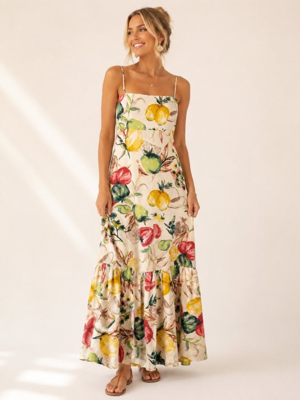 Abercrombie Premium Linen Strapless Babydoll Maxi Dress Veggie Print Medium